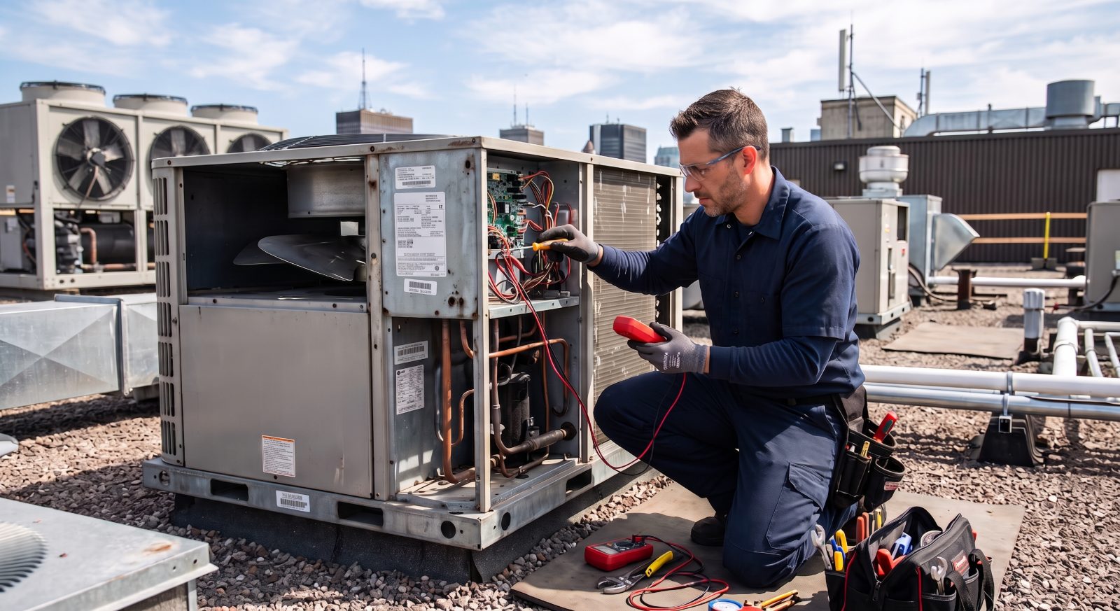 Technicien AJ en intervention sur un groupe de climatisation